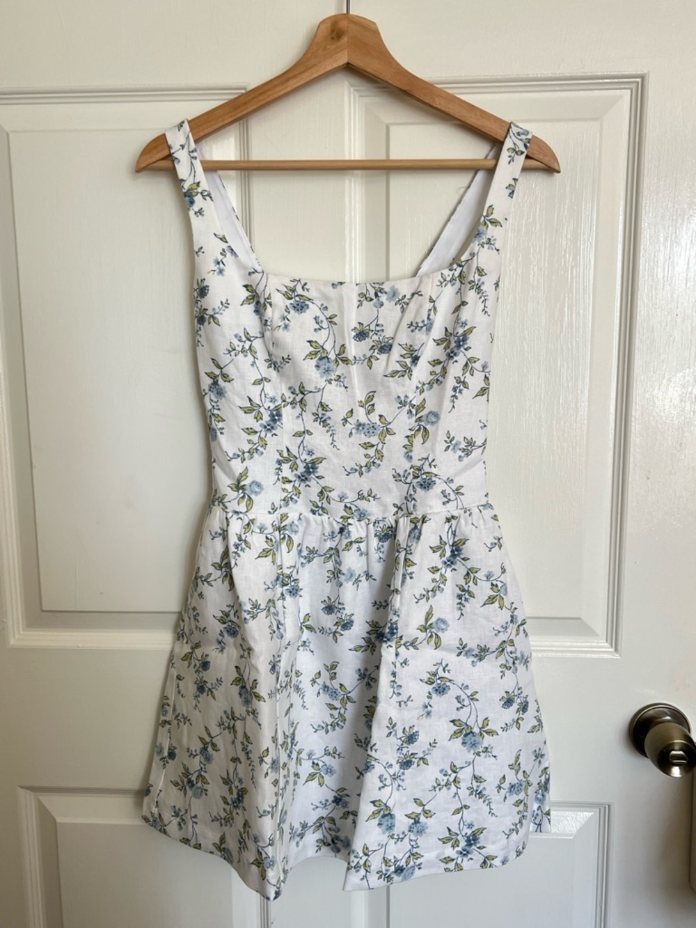 Reformation Janu White Floral Dress with Blue and Green Print